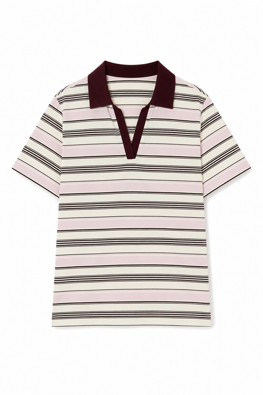 Classic Rib Striped Polo T Shirt-Cream & Brown