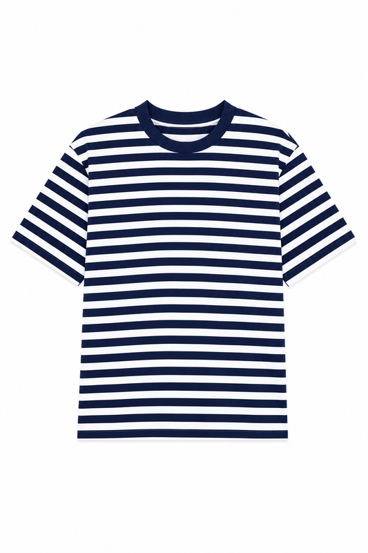 Oversized Striped Basic T-Shirt – Navy Blue & White