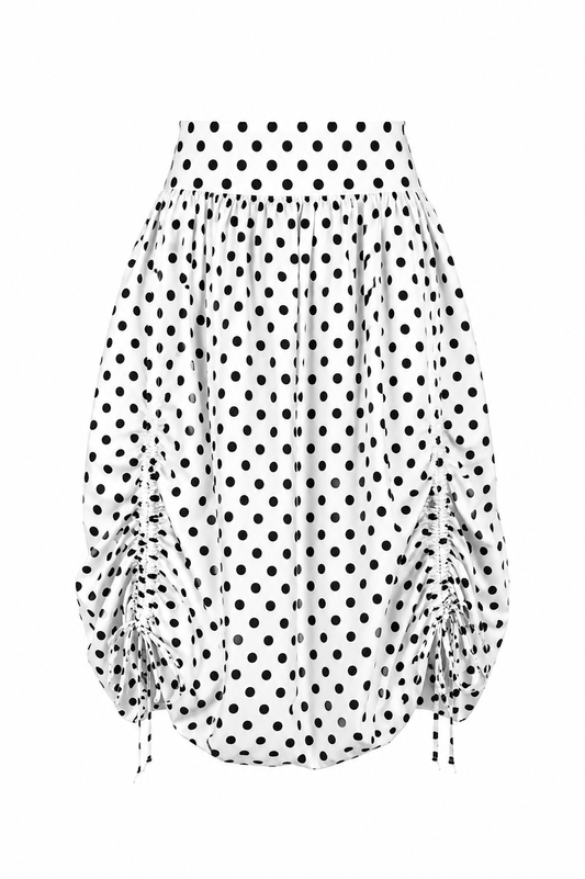 Balloon Drawstring Midi Skirt - White Large Polka Dot