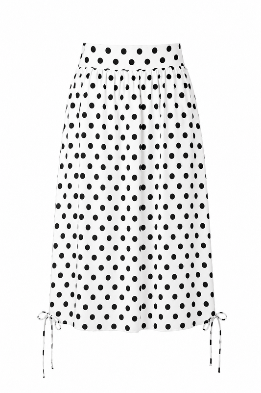 Balloon Drawstring Midi Skirt - White Large Polka Dot
