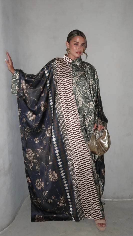 שמלת מקסי אוברסייז סאטן גולייט | ירוק/חום