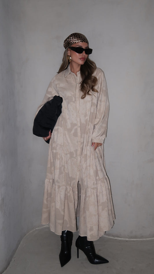 שמלת קלוש כפתורים טקסטורה אשלי  | בז