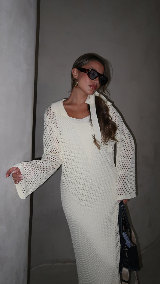 שמלת סריג 2 חלקים מחורר | שמנת