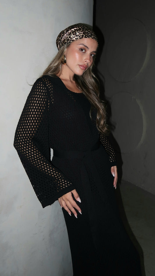 שמלת סריג 2 חלקים מחורר | שחור