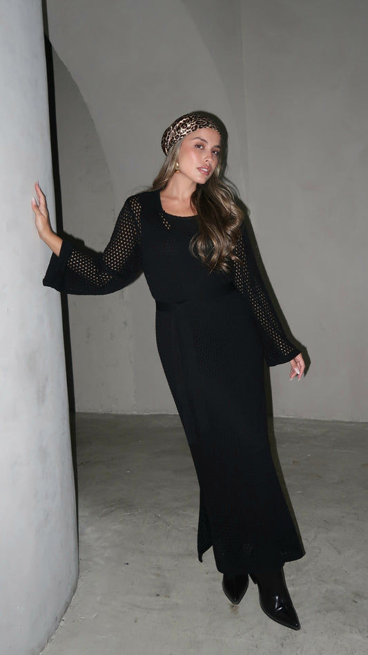 שמלת סריג 2 חלקים מחורר | שחור