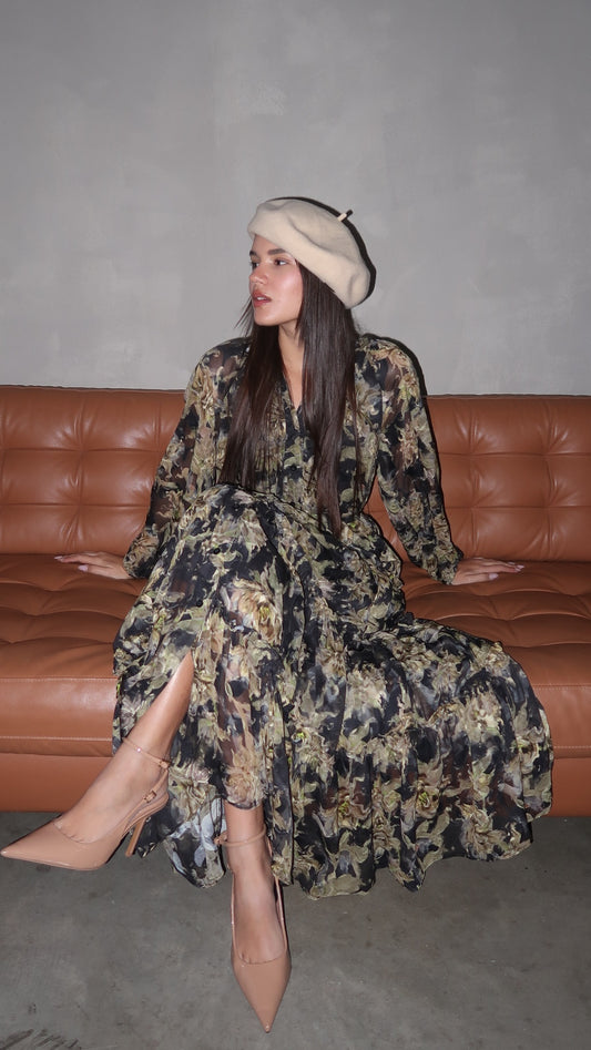 שמלת שיפון קלוש קומות פלווארס נויה | ירוק/שחור