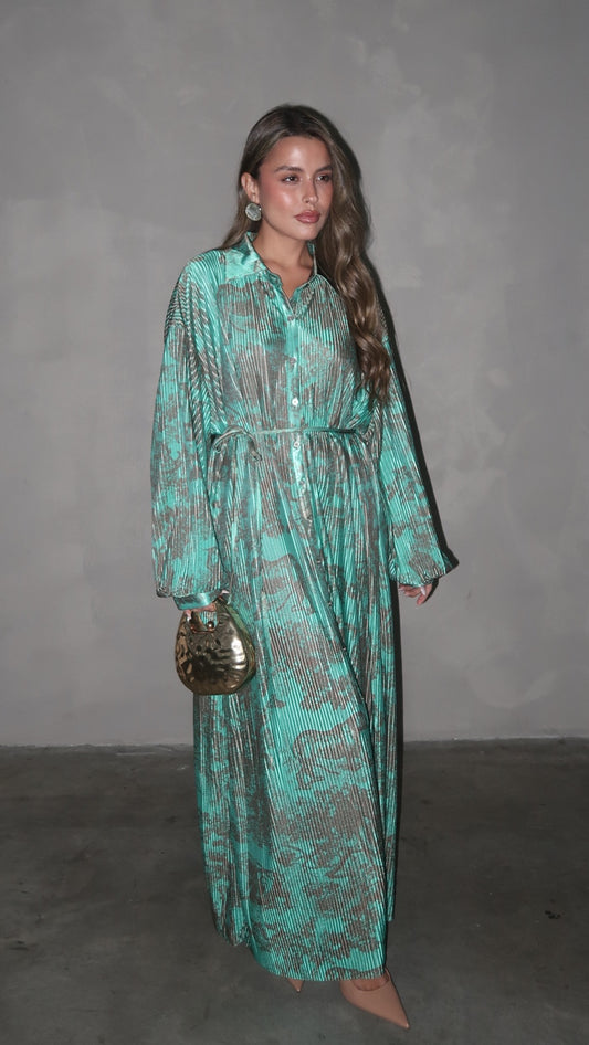 שמלת פליסה כפתורים קארן | טורקיז