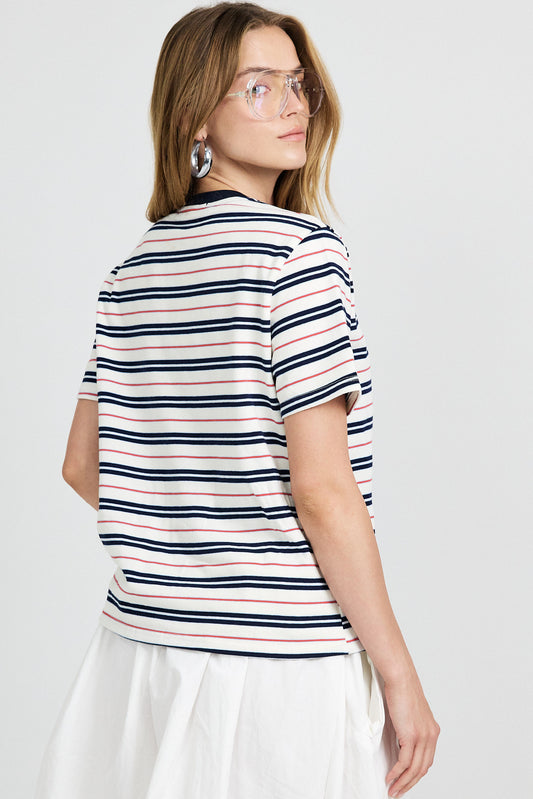 Classic Cotton Rib Striped T Shirt – cream-Navy