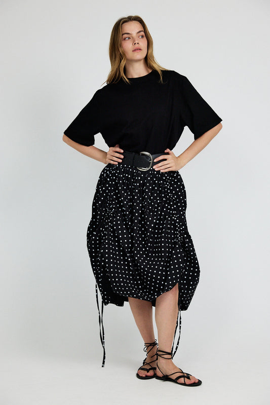 Balloon Drawstring Midi Skirt - Black Polka Dot