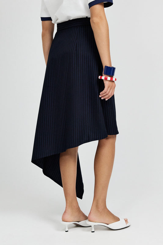 Pinstripe Asymmetric Wrap Skirt - Dark Navy
