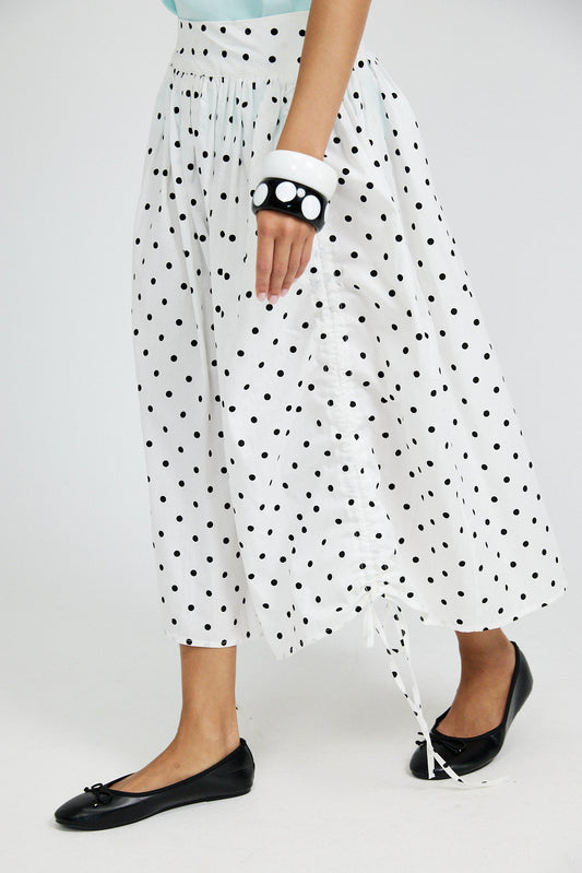 Balloon Drawstring Midi Skirt - White Polka Dot