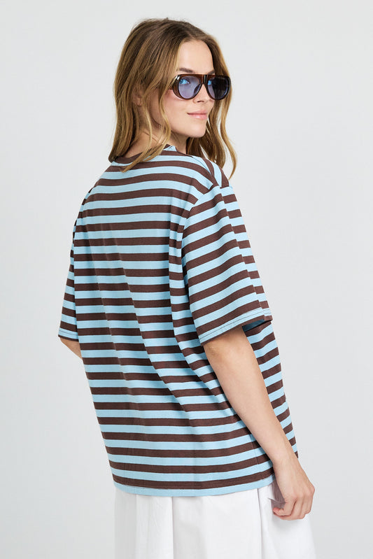 Oversized Striped Basic T-Shirt – Turquoise & Brown
