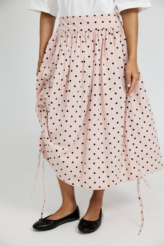 Balloon Drawstring Midi Skirt - Pink Polka Dot