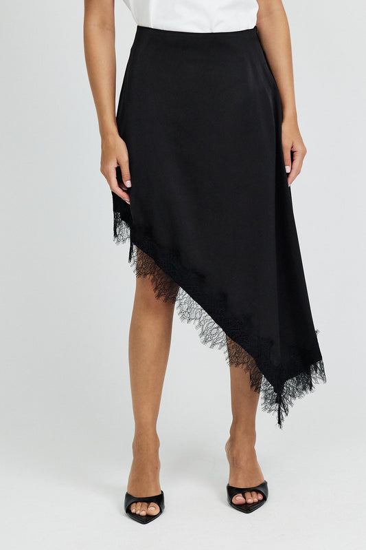 Lace Trim Asymmetric Satin Skirt - Black