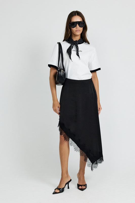 Lace Trim Asymmetric Satin Skirt - Black