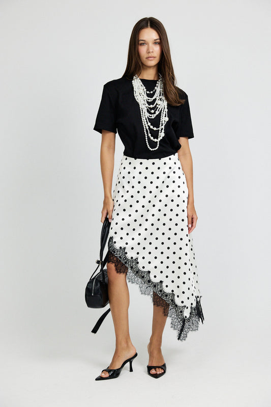Polka Dot Lace Trim Asymmetric Satin Skirt - Cream