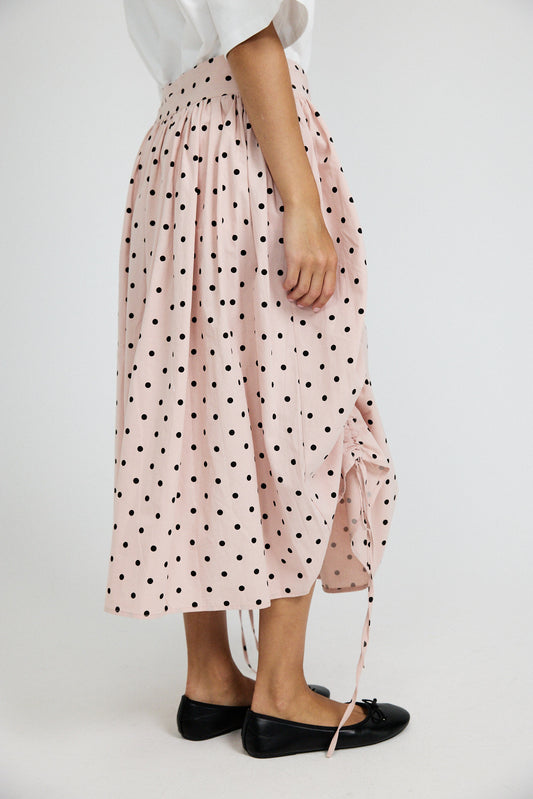 Balloon Drawstring Midi Skirt - Pink Polka Dot