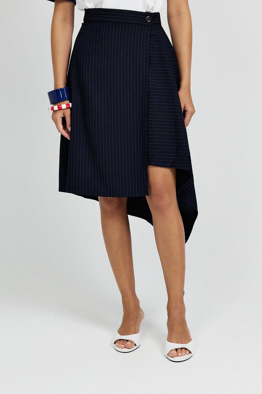Pinstripe Asymmetric Wrap Skirt - Dark Navy