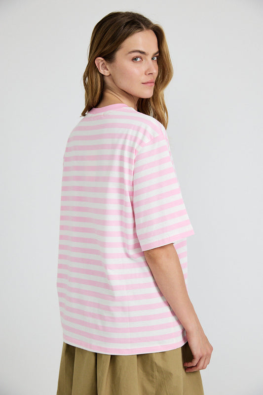 Oversized Striped Basic T-Shirt – Pink & Cream