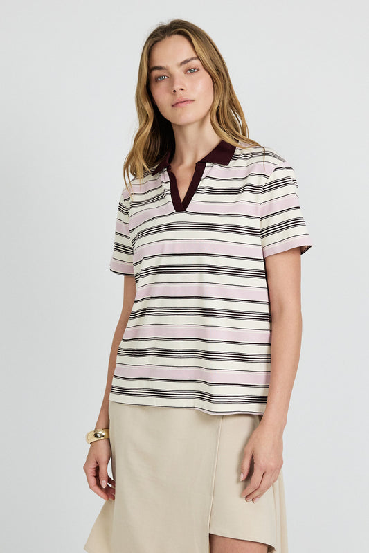 Classic Rib Striped Polo T Shirt-Cream & Brown