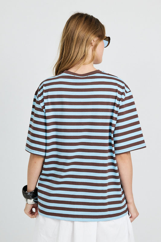 Oversized Striped Basic T-Shirt – Turquoise & Brown