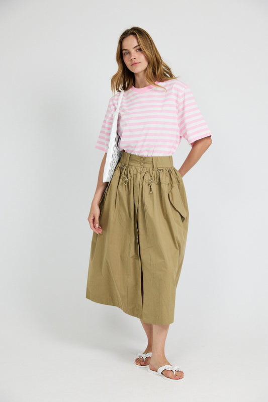Utility Gathered Cotton Midi Skirt – Khaki