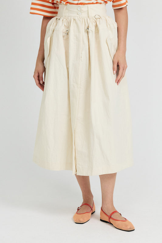 Utility Gathered Cotton Midi Skirt – Light Beige