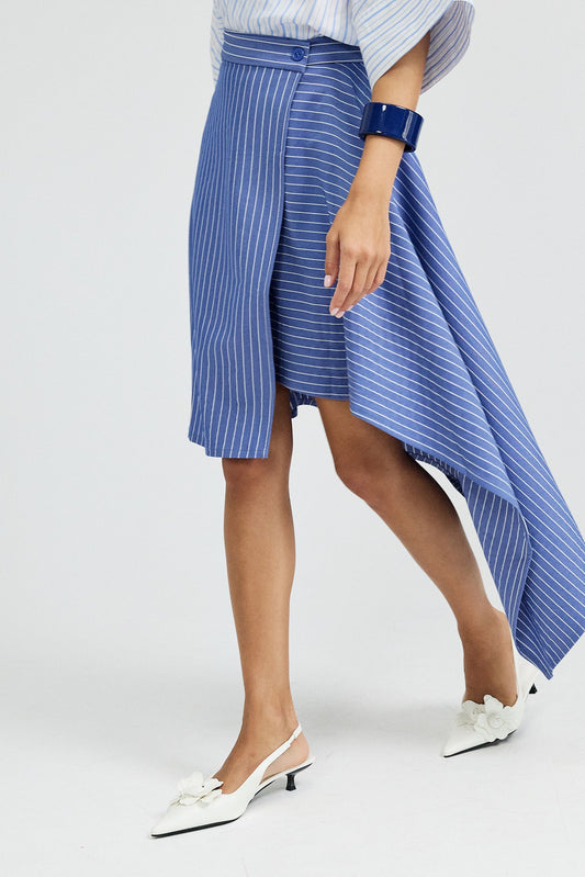 Pinstripe Asymmetric Wrap Skirt - Light Blue