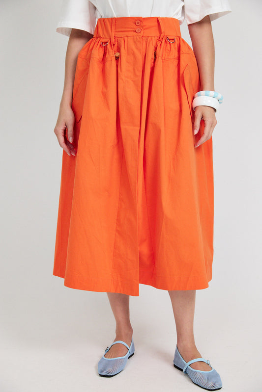 Utility Gathered Cotton Midi Skirt – Orange