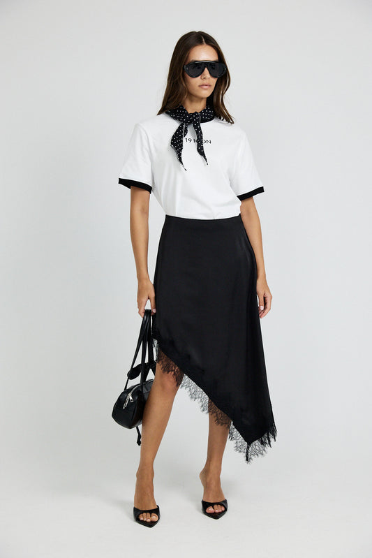 Lace Trim Asymmetric Satin Skirt - Black