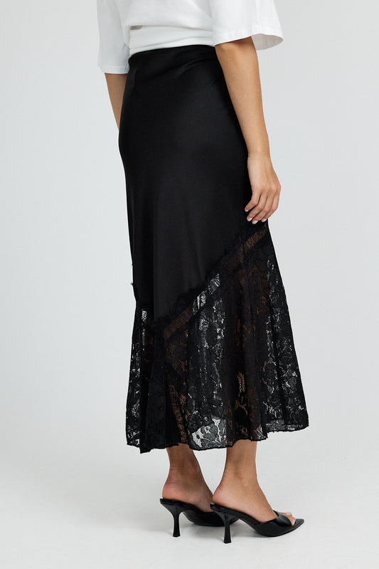 Lace Panel Satin Maxi Skirt – Black