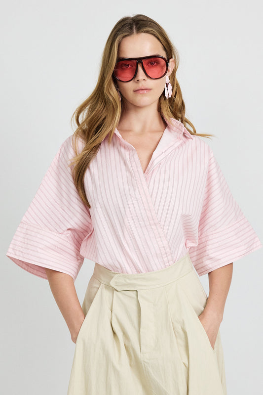 Monroe Oversized Batwing Stripe Shirt –baby pink