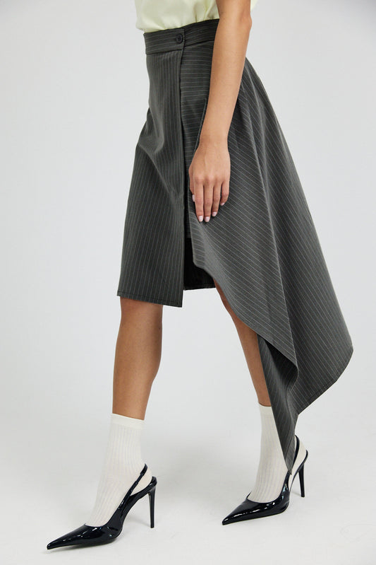 Pinstripe Asymmetric Wrap Skirt - Dark Grey