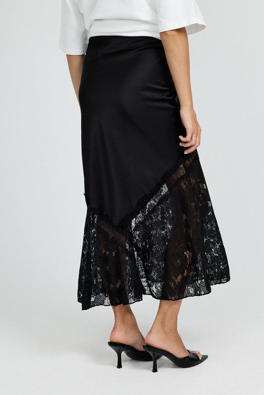 Lace Panel Satin Maxi Skirt – Black