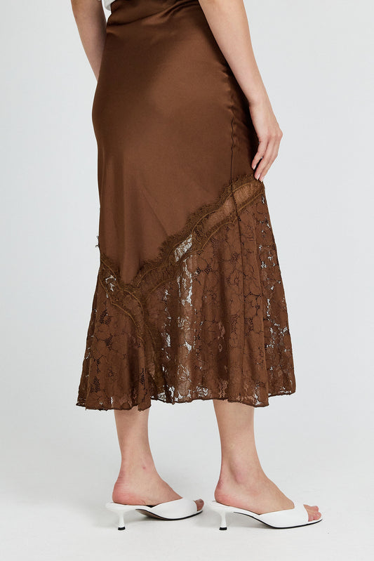 Lace Panel Satin Maxi Skirt – Brown