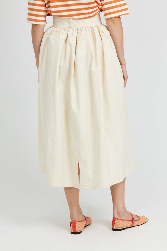 Utility Gathered Cotton Midi Skirt – Light Beige