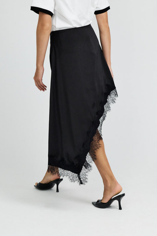Lace Trim Asymmetric Satin Skirt - Black