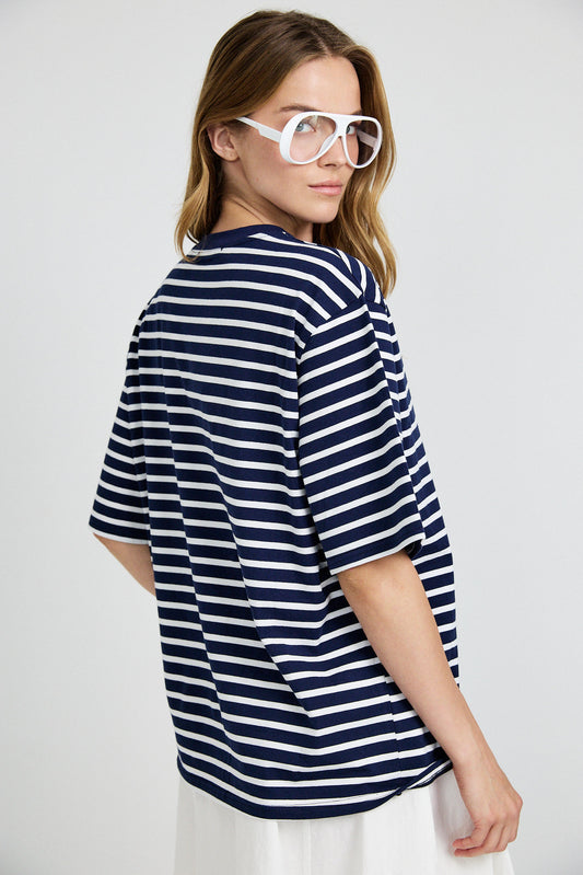 Oversized Striped Basic T-Shirt – Navy Blue & White