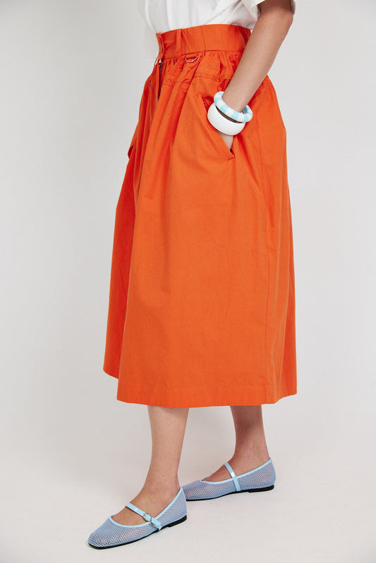 Utility Gathered Cotton Midi Skirt – Orange