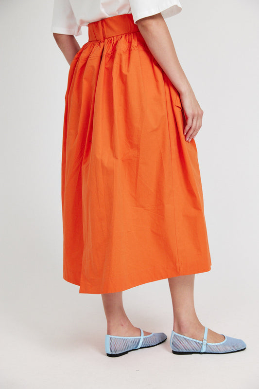 Utility Gathered Cotton Midi Skirt – Orange