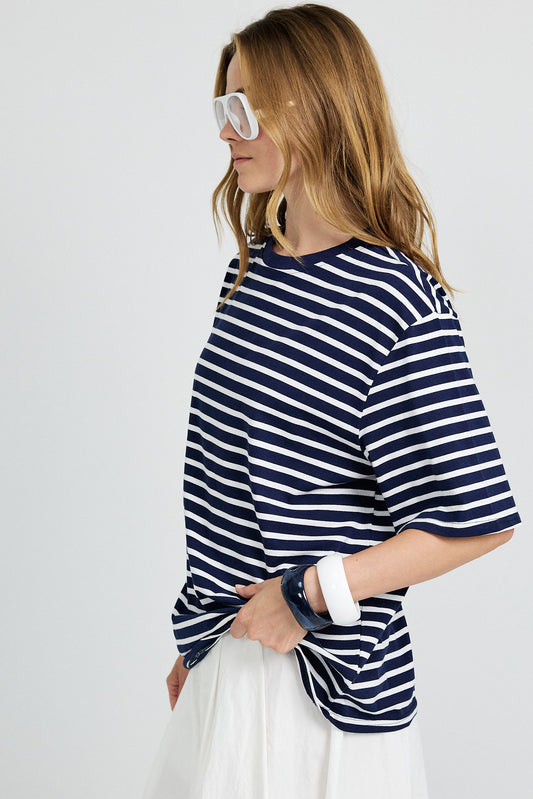 Oversized Striped Basic T-Shirt – Navy Blue & White
