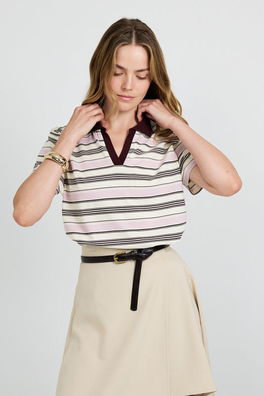 Classic Rib Striped Polo T Shirt-Cream & Brown