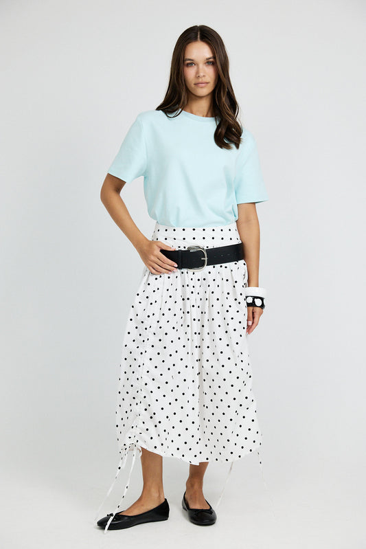 Balloon Drawstring Midi Skirt - White Polka Dot