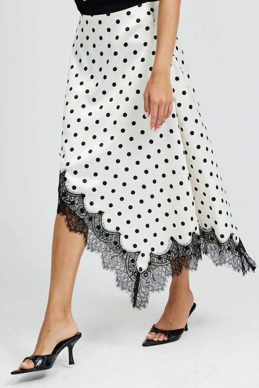 Polka Dot Lace Trim Asymmetric Satin Skirt - Cream