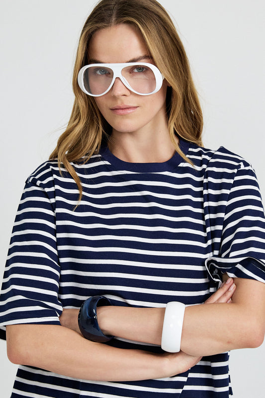 Oversized Striped Basic T-Shirt – Navy Blue & White