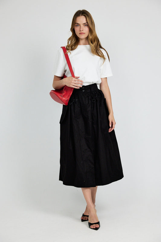 Utility Gathered Cotton Midi Skirt – Black