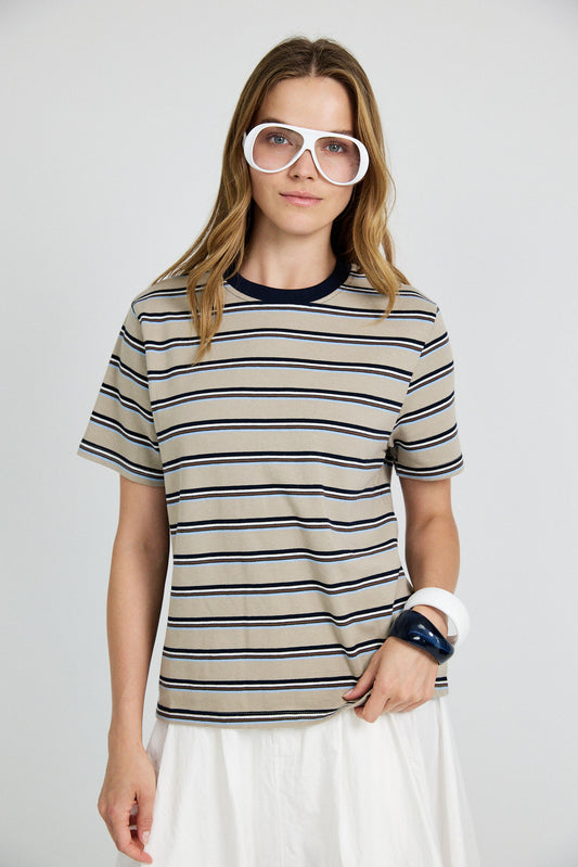 Classic Cotton Rib Striped T Shirt – beige-navy
