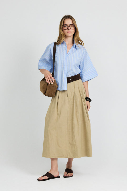 Classic Cotton A-Line Midi Skirt – Beige