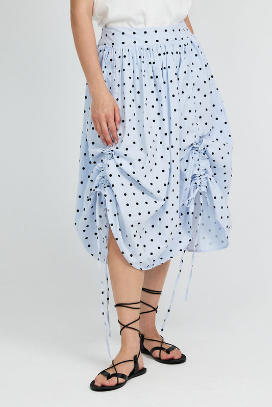 Balloon Drawstring Midi Skirt - Light Blue Polka Dot
