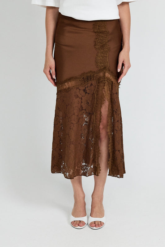 Lace Panel Satin Maxi Skirt – Brown